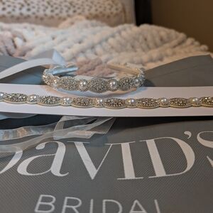 David's Bridal Silver and White Pearl Hair Band and Dress Sash